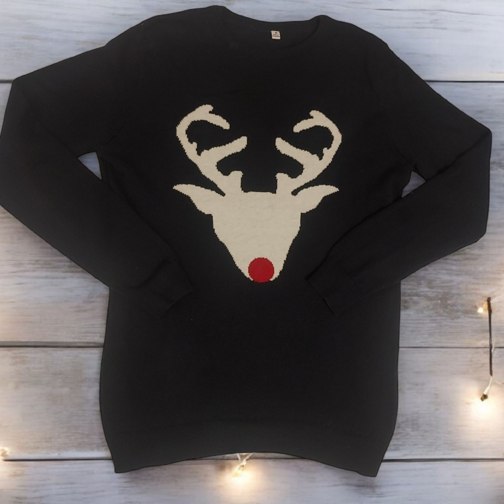 Christmas Sweater Featuring Rudolf On A Black Sweater Long Sleeves Medium